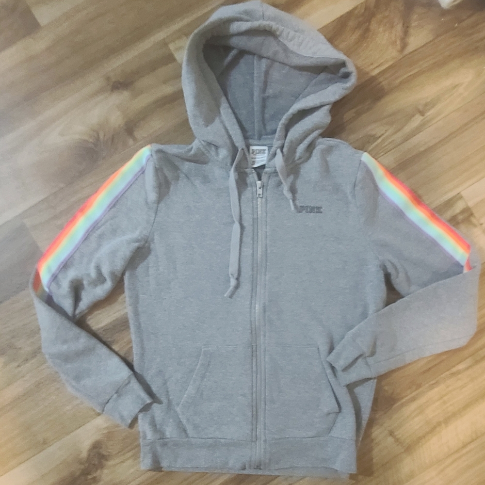 PINK Victoria's Secret Gray Hoodie with Rainbow Sleeves Size XS
